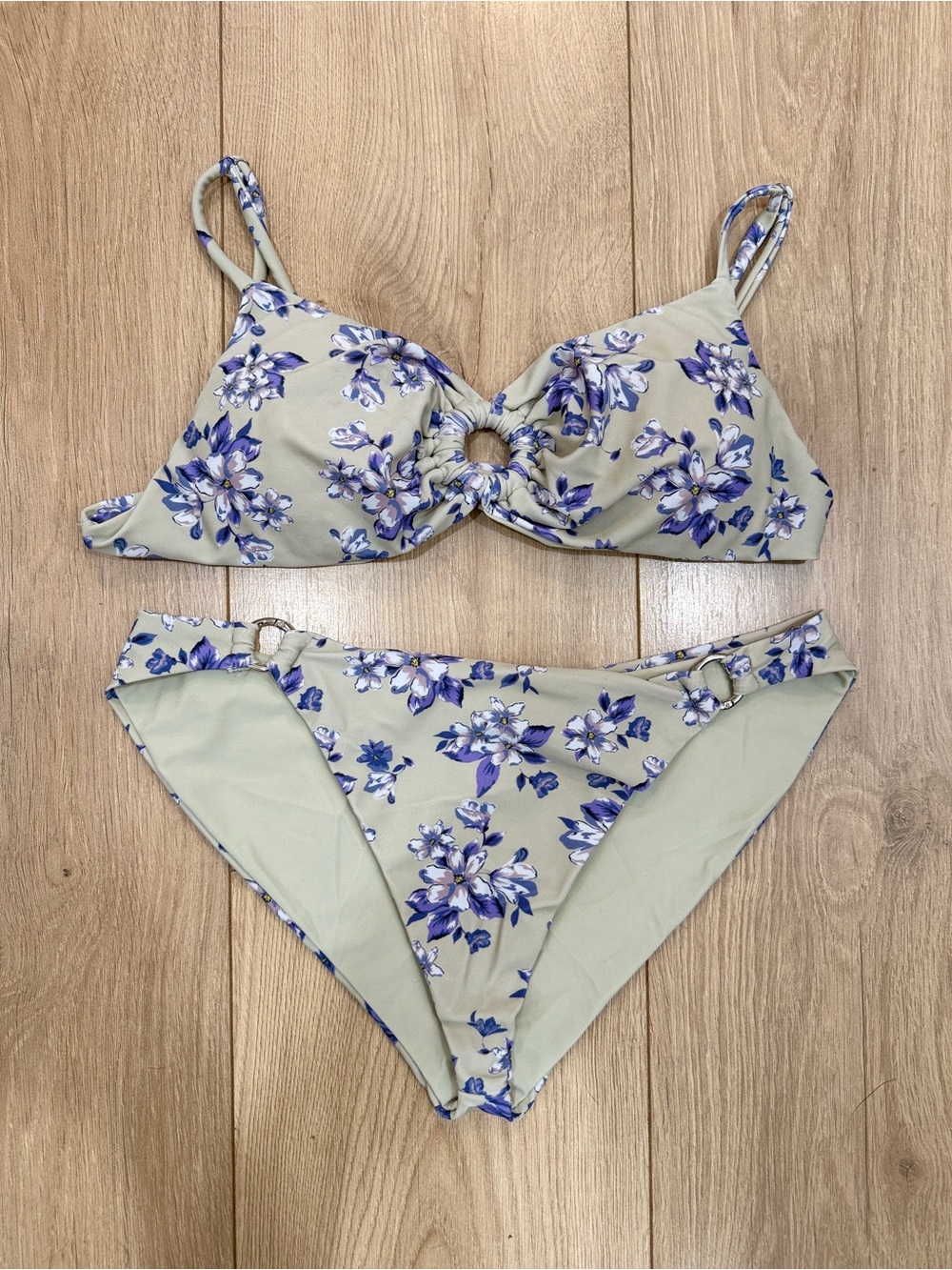Kittenish Floral Ring-Front Bikini Set in Sage and Blue - Women Swim